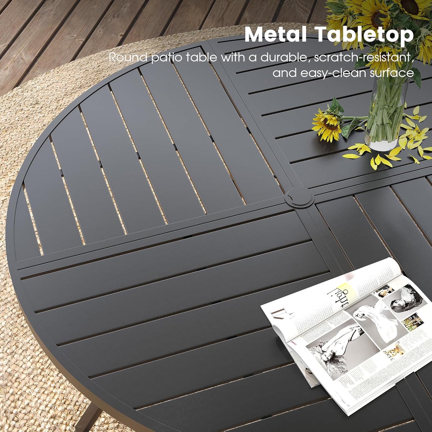 DIFY 53.1" Round Outdoor Patio Dining Table for 6-8, All-Weather Metal Steel Slatted Patio Table with 1.57" Adjustable Umbrella Hole, for Lawn Garden Porch Backyard, Black