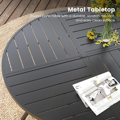 DIFY 47.2" Round Outdoor Patio Dining Table for 6, All-Weather Metal Steel Slatted Patio Table with 1.57" Adjustable Umbrella Hole, for Lawn Garden Porch Backyard, Black