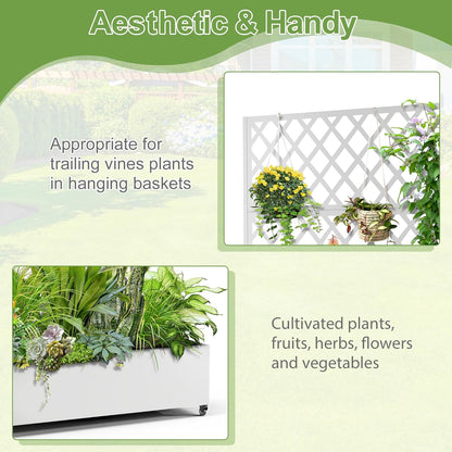 Metal Planter Trellis Box with Wheels & Drain Plug Outdoor Raised Garden Bed Patio Privacy Screen with Planter for Climbing Plants, Vegetables 73"x47"x16" White-Diamond