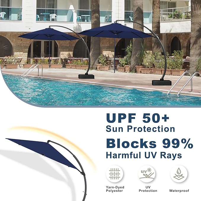 12FT Cantilever Umbrella with Base Large Curvy Outdoor Aluminum Offset Umbrella w/ 360° Rotation, UV Resistant Canopy for Patio, Garden, Backyard, Navy Blue