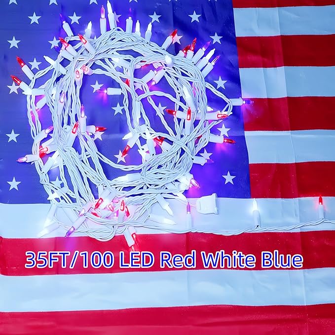 LUCKY SHINE 100 LED Red White and Blue Lights, US Flag Decorative Lighting String 35 FT, for Indoor Outdoor Party, 4th of July, Memorial Day, Christmas, Patio.