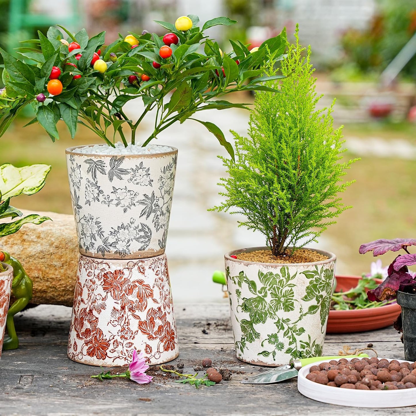 Sungmor Vintage Ceramic Plant Pots, Set of 3 Pretty Ice Cracked Glaze Ceramic Flower Pots, 5.5in. Herb Planters with Drainage Hole, Tuscan Planters for Indoor Outdoor Plants, Home Garden Decor Pot