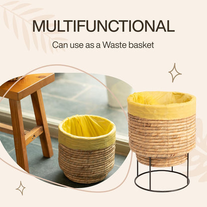Set of 2 Water Hyacinth Planter Pot with Metal Stand - Indoor Flower, Succulent & Basket Planter - Decorative Braided Pot Cover