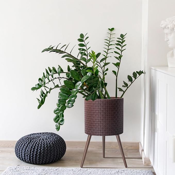 D'vine Dev 16 Inch Modern Geometric Tile Patterned Sleek Planter Pot with Stand, Indoor Outdoor Decorative Plant Holder, Espresso, 88-Z-E-6