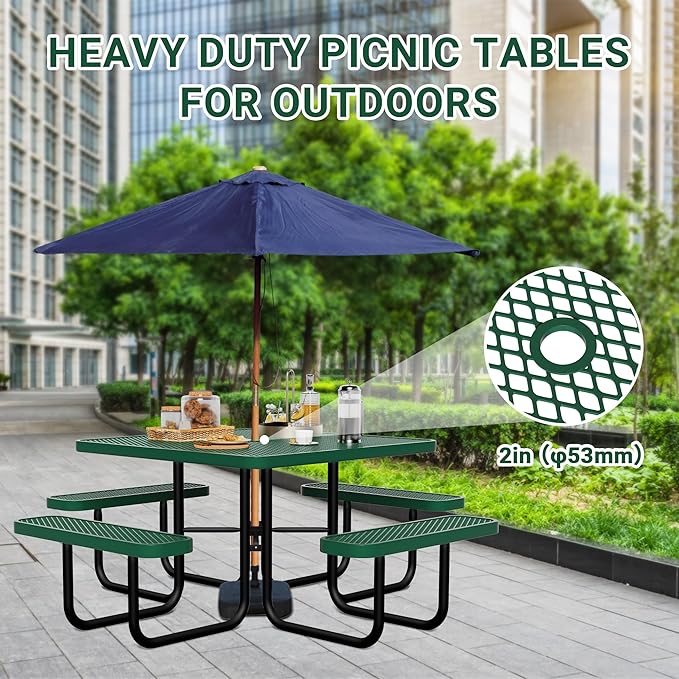 46" Square Picnic Table for Outside,Heavy Duty Metal Picnic Table Bench Set with 2in Umbrella Hole, 1600 lb Capacity,Commercial Dining Table Furniture for Garden Yard Patio Party Coffee Shop