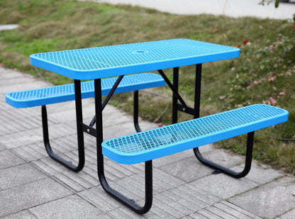4FT Metal Picnic Tables for Outdoors, Commercial Rectangular Picnic Table and Bench Set for Outside, Patio, Garden, Backyard, Porch, Surface Mount, Blue