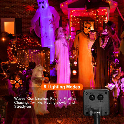 Solar Powered String Lights Outdoor, 2 Pack Total 200 LED 66FT Solar Powered Halloween Decorative Fairy Lights 8 Modes Black Wire for Halloween, Garden, Patio, Party, Yard, Christmas(Orange)