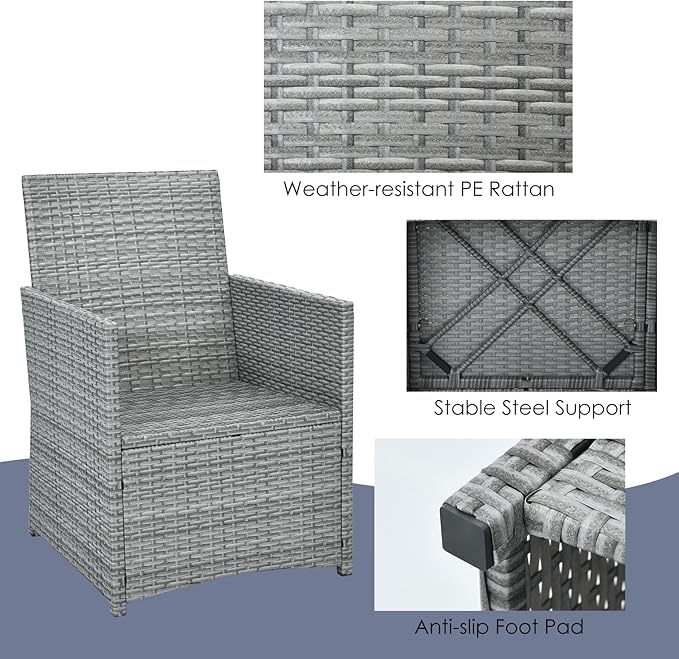 HAPPYGRILL 3PCS Outdoor Wicker Bistro Set Space-Saving PE Rattan Dining Table Set with Cushioned Chairs, Patio Conversation Set for Backyard Porch Garden and Poolside