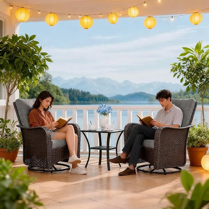 Gotland 3 Pieces Patio Set, Outdoor Swivel Chairs Set of 2 with 4'' Waterproof Cushions High Back Double-Layer Side Table, Wicker Rocking Patio Chairs Set of 2 for Balcony, Porch, Garden Gray