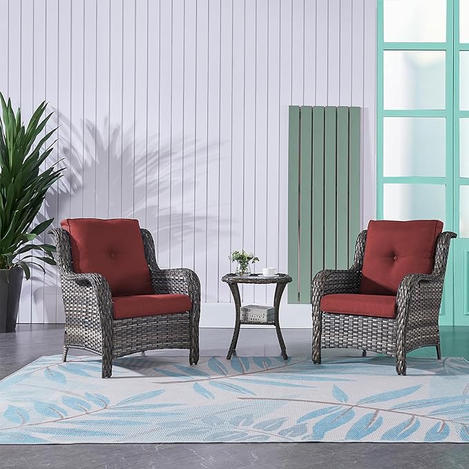 Rilyson Patio Bistro Set Outdoor Chairs - 3 Piece Wicker Rattan Patio Furniture Set with 2 Armrest Chair and 1 Side Table for Proch Deck Garden Backyard Balcony(Mixed Grey/Red)