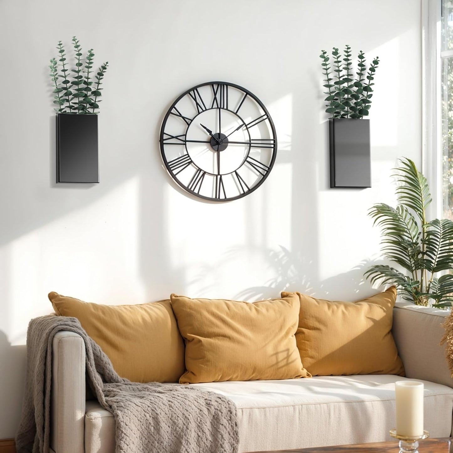 2 Pack Metal Wall Planter Vases Decor with Artificial Eucalyptus, Modern Farmhouse Rustic Hanging Pocket Planters for Indoor Greenery and Flowers, Living Room Bedroom Kitchen Decoration, Black