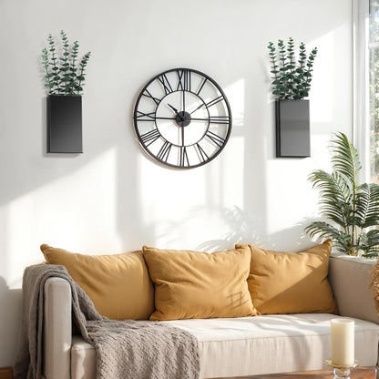 2 Pack Metal Wall Planter Vases Decor with Artificial Eucalyptus, Modern Farmhouse Rustic Hanging Pocket Planters for Indoor Greenery and Flowers, Living Room Bedroom Kitchen Decoration, Black