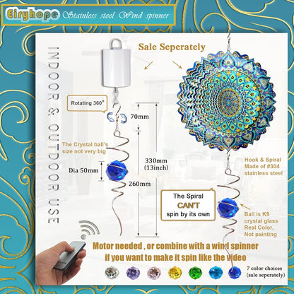 Gazing Ball Spiral Tail Wind Spinner with Sea Blue Crystal Orb, Wind Spinners Stabilizer with Hanging Swivel Hook, Sun Catcher Rainbow Maker Indoor & Outdoor Decoration Garden Gift 13" Height