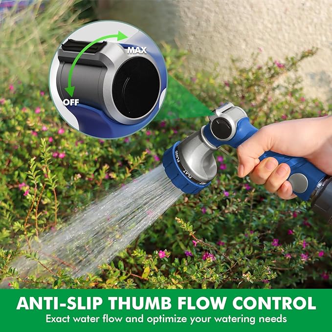 RESTMO Heavy Duty Hose Nozzle, Metal Garden Water Hose Sprayer with 7 Watering Patterns, Thumb Control, On Off Valve, High Pressure Nozzle Sprayer for Watering Plants, Car and Pet Washing, Blue