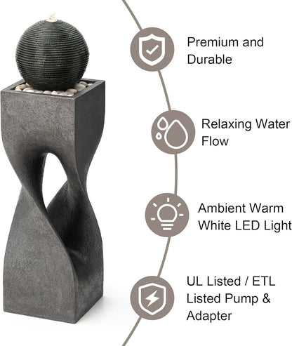 Glitzhome Modern Geometric Outdoor Water Fountain with LED Light, Oversized Pedestal Water Fountains with Submersible Pump, Sphere Floor Standing Fountain with Pebbles for Garden Patio Decor, 40.5”H