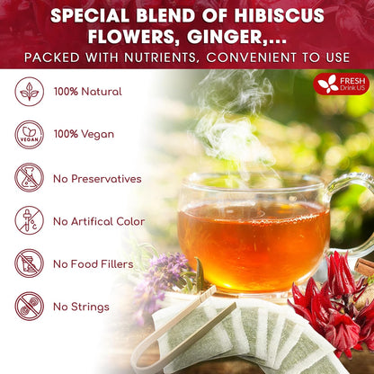 FreshDrinkUS, 60 Tea Bags Super Hibiscus Heart Blend– Herbal Tea with Hibiscus Flower, Ginger, Cinnamon Stick, Lemongrass & Rose Hip – Naturally Caffeine-Free, Sugar-Free, Vegan