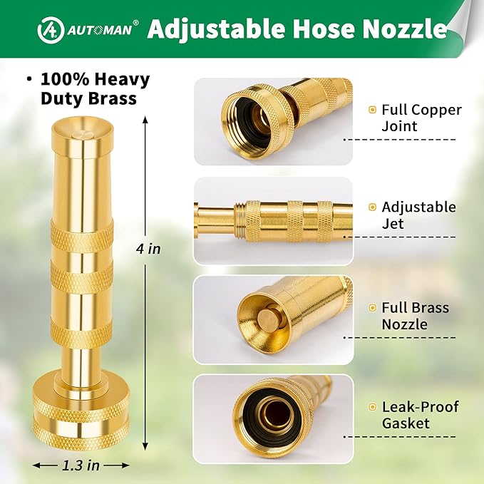 AUTOMAN Brass Hose Nozzle – High Pressure Jet Nozzles 2 Pack, Heavy Duty Sprayer for Garden Hoses, Adjustable Spray Gun, Solid Twist Water Hose Nozzle for Patio, Lawn, Car Wash, Extra 6 Rubber Washers