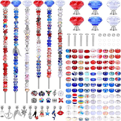DIY Fairy Wand Garden Beads Stakes Wands Kit,Multiple Color Scheme European Beads Crystal Diamond Tops and 12 or 10 Inch Threaded Rods,Stainless Steel Stakes with Diamond Toppe(Red+White+Blue)