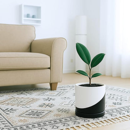 D'vine Dev 6.5 Inch Ceramic Planter Pot with Drainage Hole and Saucer, Indoor Cylinder Round Planter Pot, Oblique Monochrome Black and White, 94-O-C-K