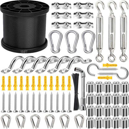 164FT Black Vinyl-Coated 304 Stainless Steel Cable – Heavy Duty String Lights Hanging Kit with Turnbuckle, Thimble & Hooks for Outdoor, Patio, Garden, Christmas Lights