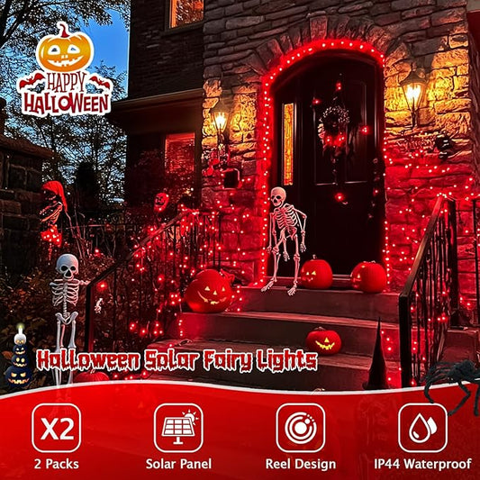 JMEXSUSS 2 Pack Red Solar Lights Outdoor Waterproof, Each 33FT 100 LED Red Halloween Lights, Solar Fairy String Light for Outside Tree Party Patio Christmas Halloween Decorations