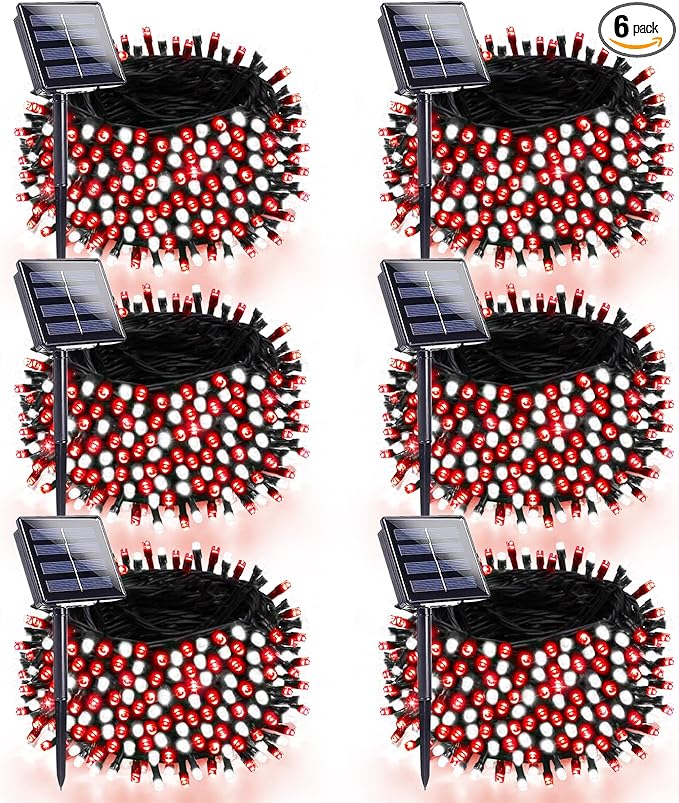 6 Pack 270FT Solar Christmas Lights Outdoor Waterproof, Super Bright 480 LED Solar String Lights with 8 Lighting Modes, Green Wire Twinkle Tree Light for Outside Xmas Party Decor (Red and White)