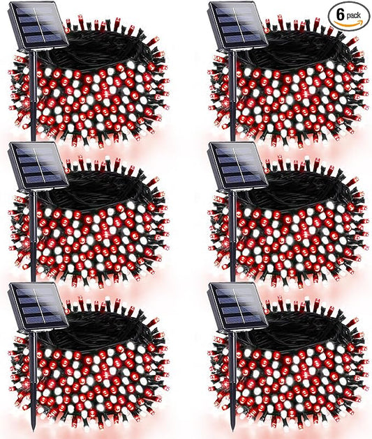 6 Pack 270FT Solar Christmas Lights Outdoor Waterproof, Super Bright 480 LED Solar String Lights with 8 Lighting Modes, Green Wire Twinkle Tree Light for Outside Xmas Party Decor (Red and White)