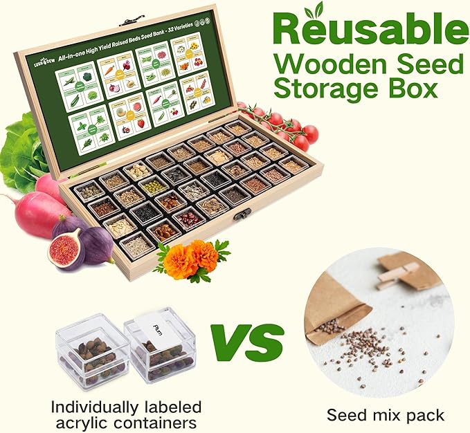 Lush&Dew Raised Garden Bed Heirloom Seed Bank, 32 Varieties 30,000+ Non-GMO Survival Seeds for Planting Vegetables Herbs Fruits, Gardening Gifts for Women Men, Seed Vault Kit, Emergency Food Supplies