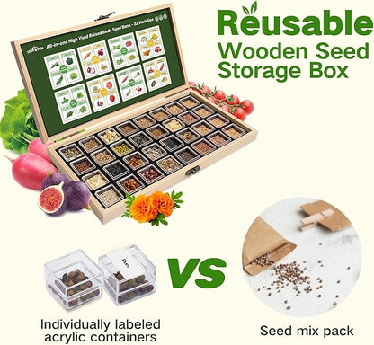 Lush&Dew Raised Garden Bed Heirloom Seed Bank, 32 Varieties 30,000+ Non-GMO Survival Seeds for Planting Vegetables Herbs Fruits, Gardening Gifts for Women Men, Seed Vault Kit, Emergency Food Supplies