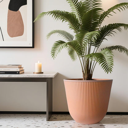 WORTH Garden Round Large Planter Pot 1-Pack, 17.5" Dia x 15.5" H - Durable Plastic Terracotta Plant Tree Pots with Vertical Stripe Textured Finish, Drainage Hole for Indoor Outdoor Front Porch Patio