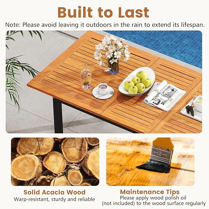 Tangkula 7-Piece Patio Dining Set, Outdoor Acacia Wood Cushioned Chairs and 51”-64” Expandable Rectangular Table Set, with Umbrella Hole, 6 Stackable Armchairs, for Poolside Garden (Off White)