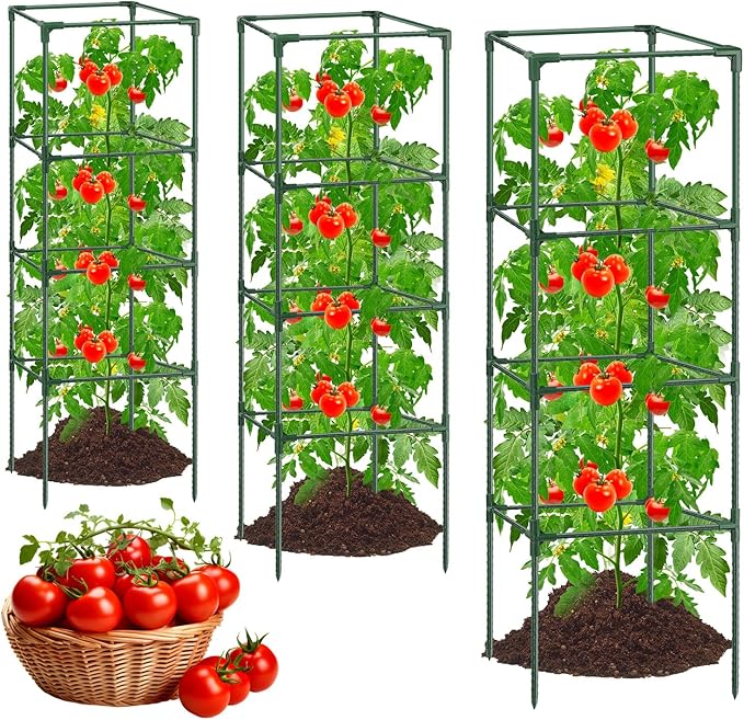3Pack Tomato Cages for Garden,Square Tomato Plant Cage Support Heavy Duty Pole 57*15.4*15.4 Inches,Steel Plant Tower Stakes,Cherry Tomato Trellis Cucumber for Climbing Vegetables Flowers Fruits-Green