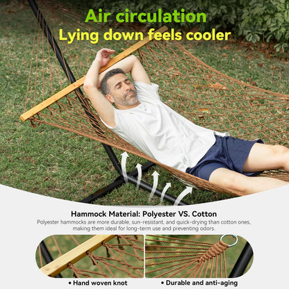 Double Hammock for 2 Person, Handwoven Cotton Rope Hammock with Spreader Bar - Indoor & Outdoor Use for Patio, Poolside, Backyard (Brown)