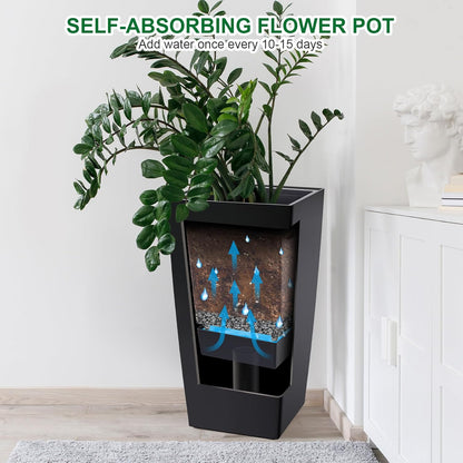 30" Tall Planters Set of 2, Outdoor＆Indoor Black Planter Pots, High Front Porch Planter Pots with Drainage Holes＆Water Level Monitor Movable Wheels ＆Inner Bucket, Automatic Watering,Black