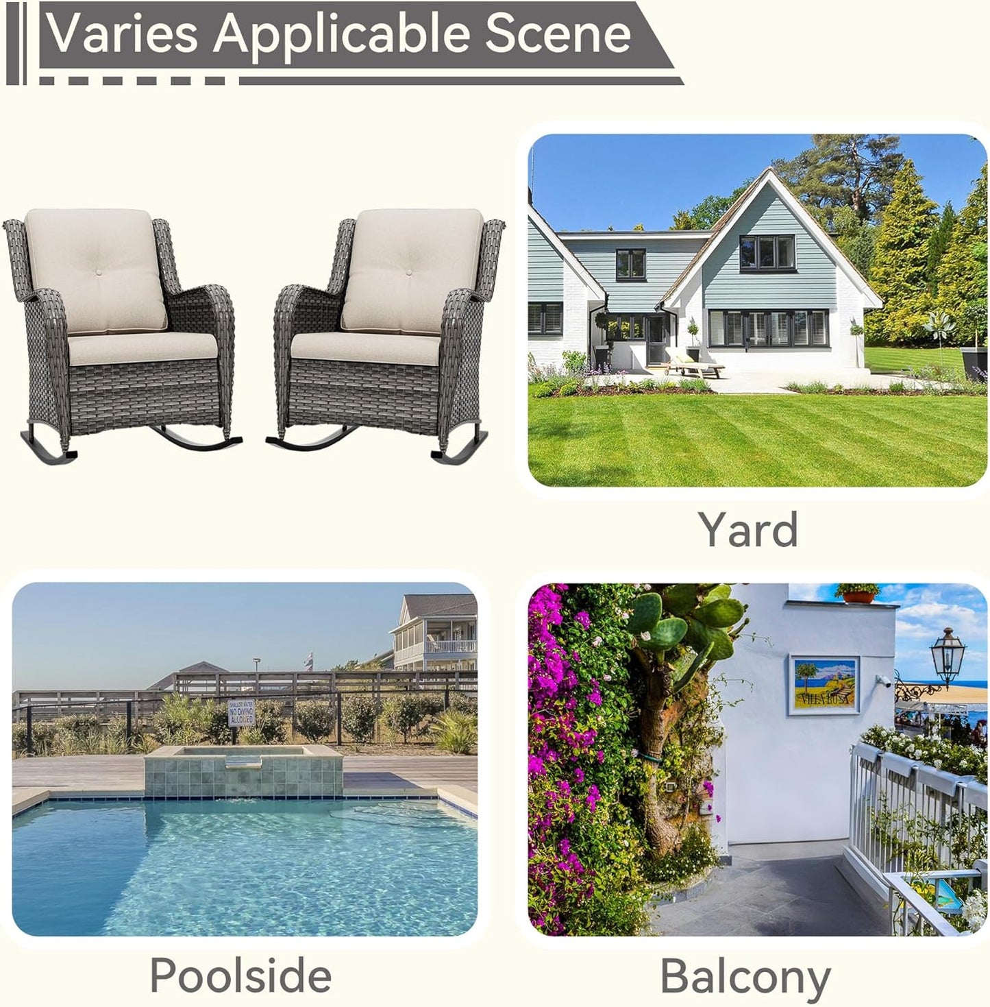 Outdoor Rocking Chair of 2, Wicker Patio Rocker Chair for Yard, Porch, Mixed Brown Grey Rattan, Beige Cushions