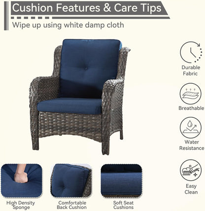 Patio Wicker Chairs Set of 2, Patio Rattan Dining Chairs with 3.5-inch Seat Cushions, High Back and Curved Armrest for Garden, Backyard, Balcony and Deck, Blue