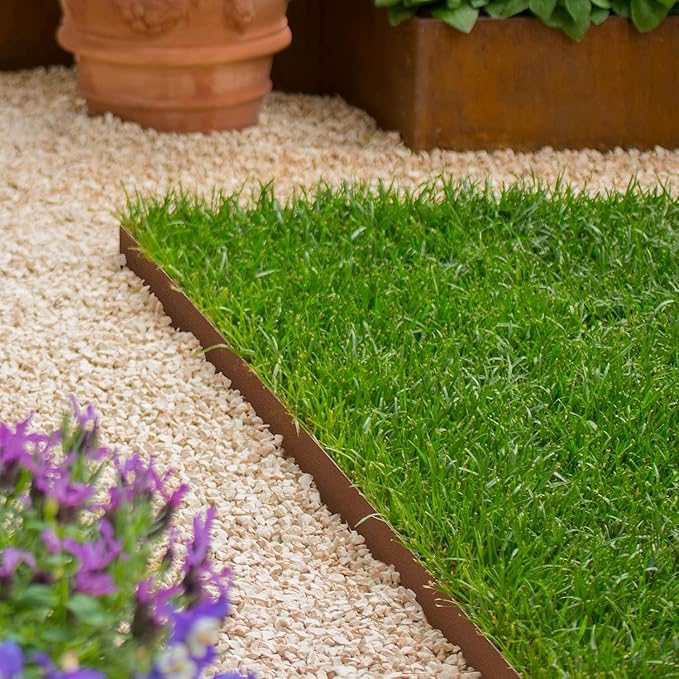 Worth Garden 10-Pack Corten Steel Landscape Lawn Edging - 5in H. (2.5" Above Ground + 2.5" Spikes) Rust Patina Bendable Metal Strips - Hammer-in Border w/ 11 Clips - Yard Pathway Divider (33Ft Total)