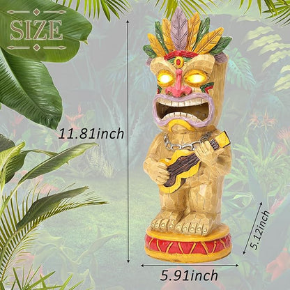 Solar Tiki Garden Statue with LED Eyes Outdoor Resin Ukulele Player Yard Decor Solar Light Hawaiian Style Lawn Ornament for Patio Porch Lawn Tiki Bar or Tiki Lover Funny Gifts Stocking Stuffers