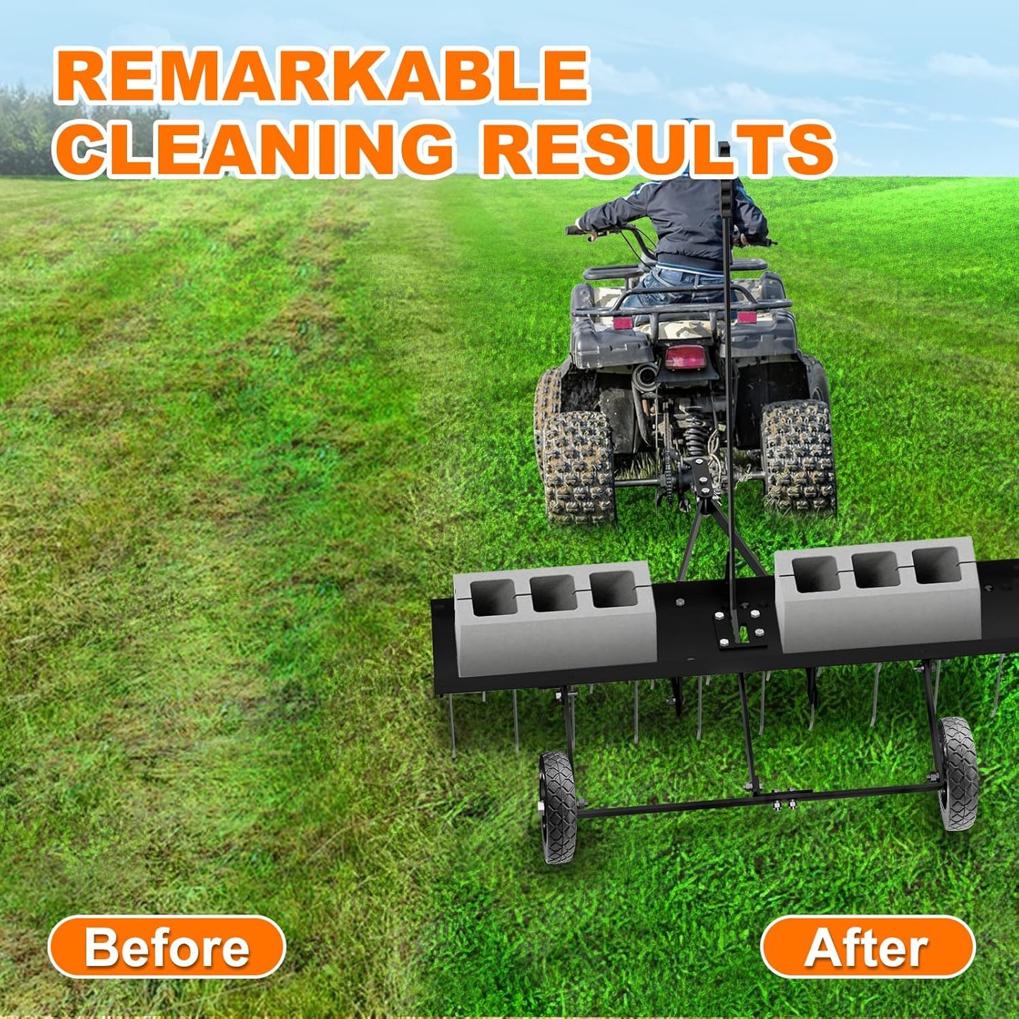 40" Tow Behind Lawn Dethatcher, Pull Behind Rake with 24 Rust-Proof Tines and Heavy Tires, Lawn Tractor Rake with Lift Handle, Black Tow Behind Rakes to Remove Thatch, Leaves from Large Lawn Area