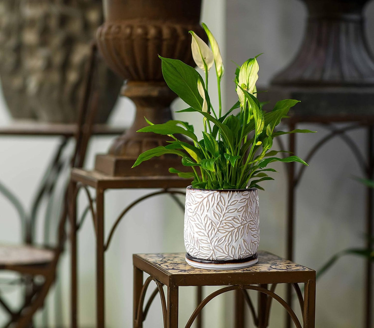 D'vine Dev 6 Inch Embossed Leaves Stoneware Planter Pot with Drainage Hole and Saucer, Smoked White, Set of 1, 27-A-X-1