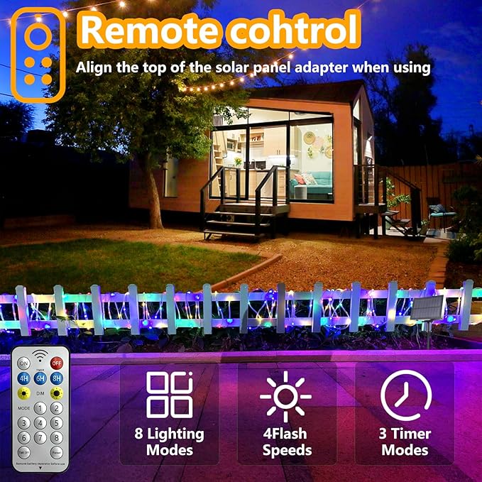Solar String Lights Outdoor Waterproof LED,66ft 200 LED Rope Lights Solar Powered,8 Modes Multicolor Fairy Lights with Remote for Christmas Garden Patio Deck Backyard Pool Trampoline