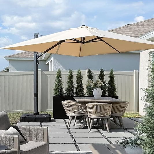 PURPLE LEAF 10 FT Cantilever Umbrella with Base Square Large Aluminum Outdoor Offset Patio Umbrella with 360° Rotation for Pool Garden Deck Backyard Beige