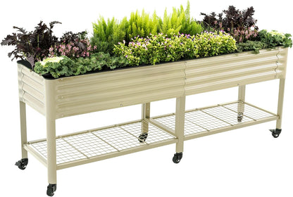 Rolling Elevated Raised Garden Bed-V Series, 2' x 8' Garden Beds with Legs & Storage Rack for Patio & Porch, 1400 Lbs Weight Capacity, Outdoor Planter Box for Vegetables Flower Herbs, Pearl White