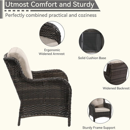 Patio Conversation Set 5-PCS Wicker Outdoor Furniture Conversation Set with 3-Seat Sofa, 2 Armchair, 2 Ottoman Patio Rattan Wicker Sectional Sofa Set with Olefin Cushion, Beige