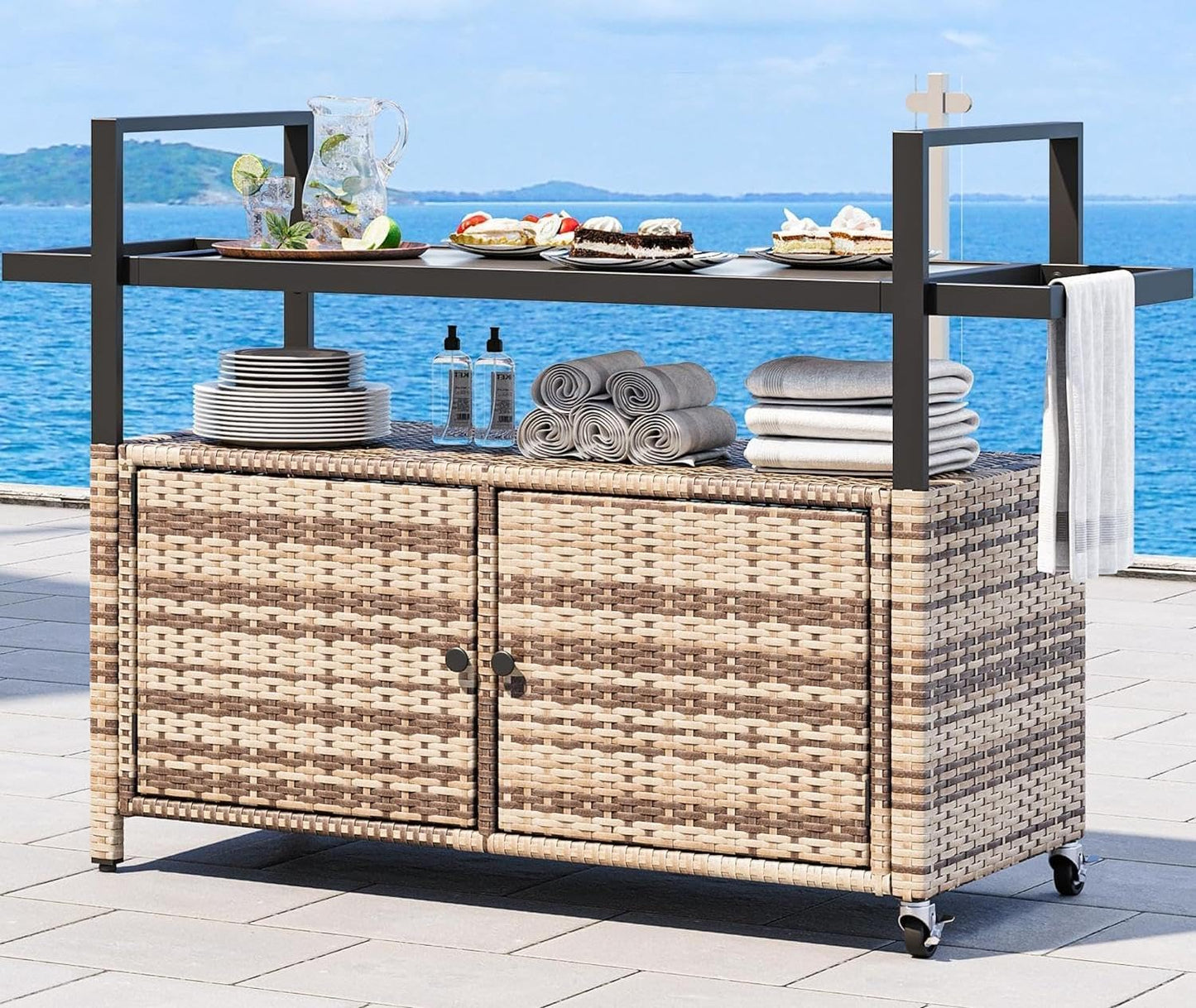 YITAHOME Large Outdoor Kitchen Wicker Island Rolling Cart & Patio Bar Table, w/Wheels and Black Glass Table Top Backyard and Poolside Light Brown