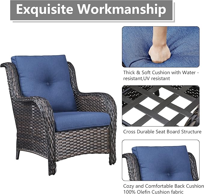 Rilyson Wicker Patio Furniture Set - 4 Piece Rattan Outdoor Sectional Conversation Sets with 2 Chairs and 2 Ottomans for Porch Deck Garden(Brown/Blue)