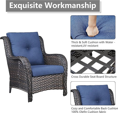 Rilyson Wicker Patio Furniture Set - 4 Piece Rattan Outdoor Sectional Conversation Sets with 2 Chairs and 2 Ottomans for Porch Deck Garden(Brown/Blue)