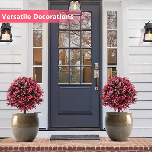 28" Set of 2 Artificial Boxwood Topiary Ball Bush for Outdoor with Ground Spike, UV Resistant Faux Greenery Shrubs, Fake Rose&Green Boxwood Plants for Garden, Yard, Porch, Patio Decor