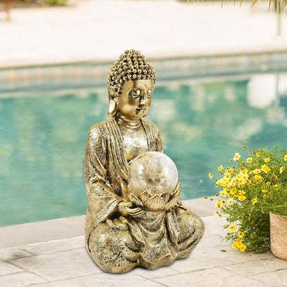 Nacome Meditating Buddha Statue with Solar Light,Zen Solar Garden Buddha with Cracked Glass Ball Sculpture-Indoor/Outdoor Decor for Balcony,Garden,Patio,Porch Yard Art Ornament,10.5 inch(Gold)