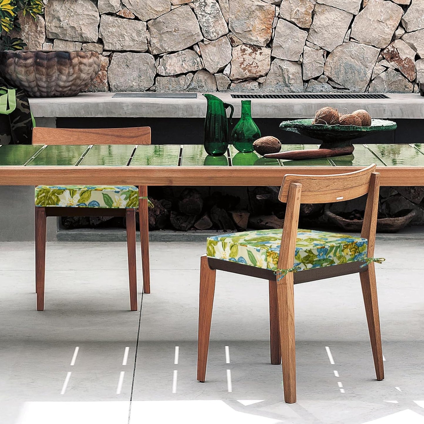 Square Corner Seat Cushions, 19" x 19" x 3", Set of 4, Indoor Outdoor Water Repellent Universal Chair Pads with Ties for Patio Furniture, Garden Dining Chairs, Blue Flower